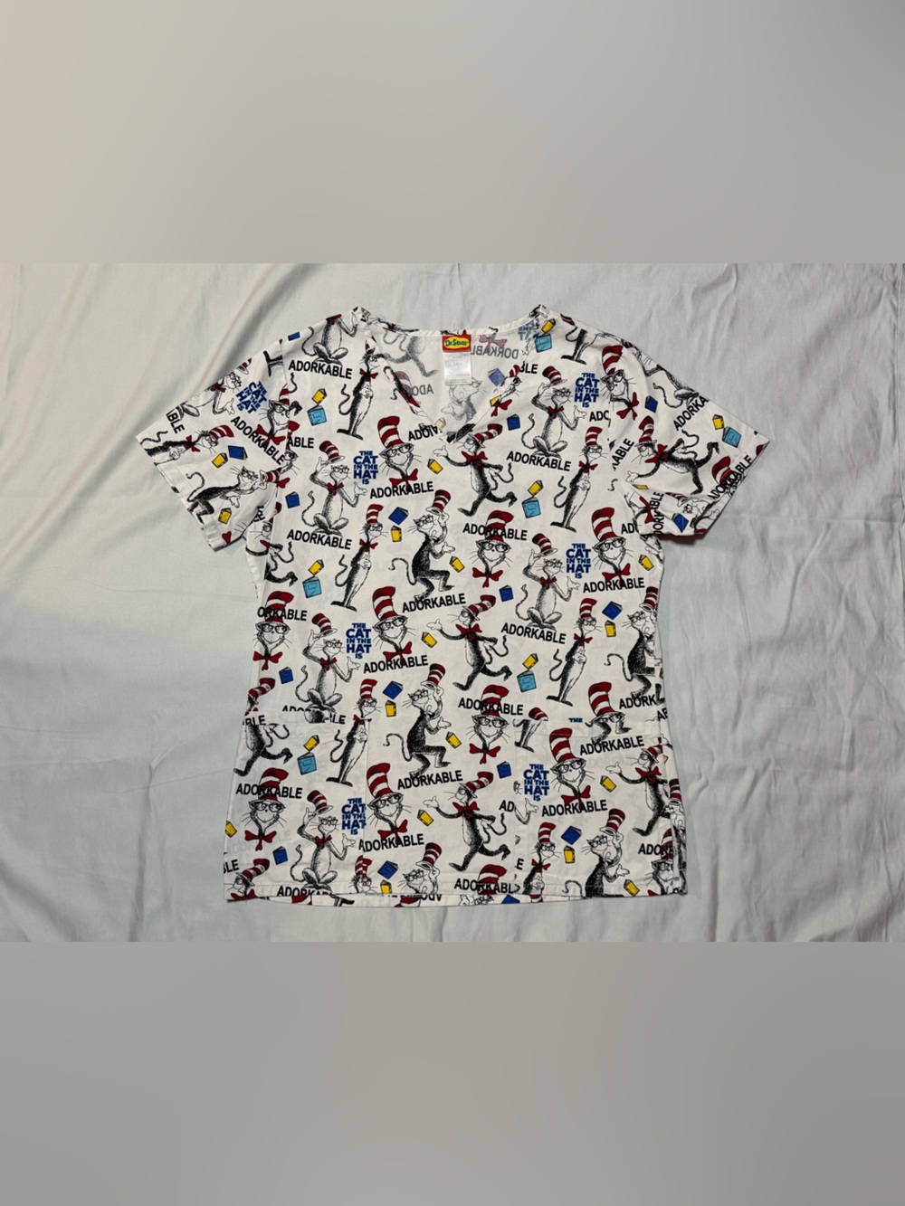 Dr. Seuss Cat in The Hat Adorkable Medical Scrub Top‎ Small 100% Cotton